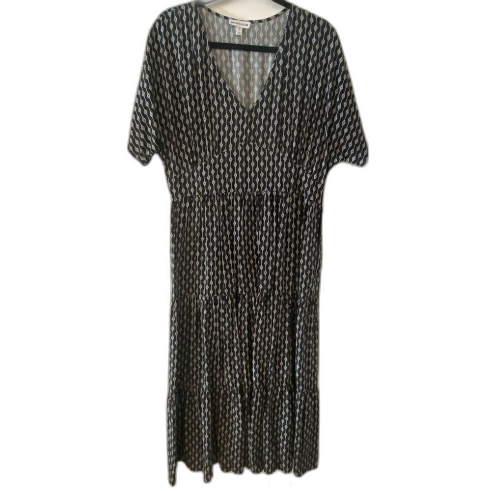 Manguun Black White Patterned Short Sleeve Midi Dress Women's Sz Large 42 EU